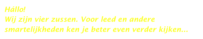Hállo!
Wij zijn vier zussen. Voor leed en andere smartelijkheden ken je beter even verder kijken...